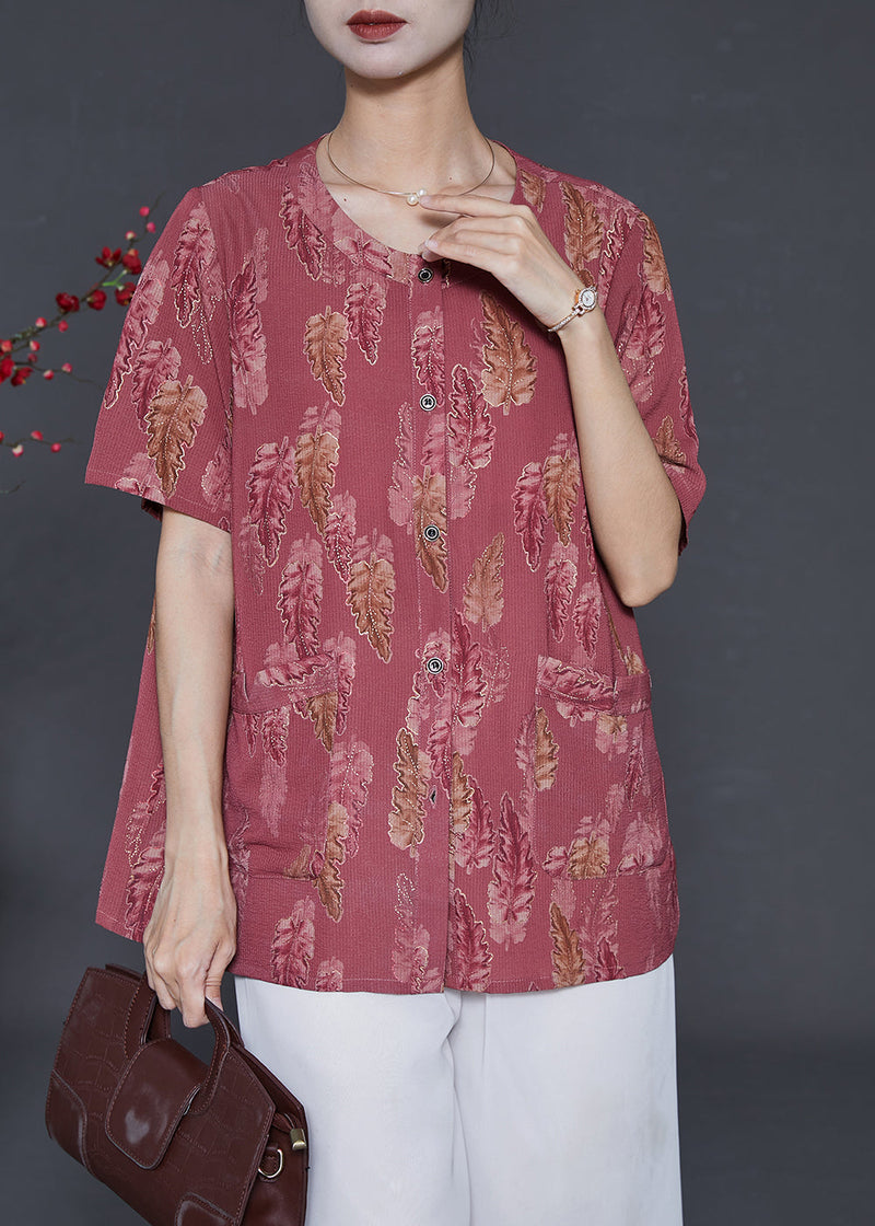 Brick Red Oversized Print Silk Shirt Summer