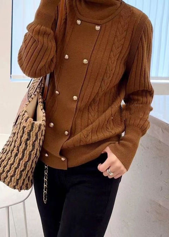 Diy Chocolate Turtle Neck Patchwork Thick Knit Knitted Tops Winter