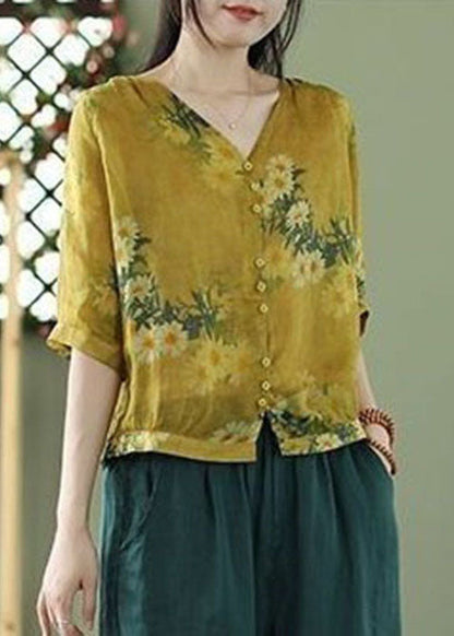 Yellow V Neck Print Linen Shirt Tops Half Sleeve