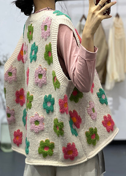 New Apricot O Neck Jacquard Cotton Knit Vest Sleeveless