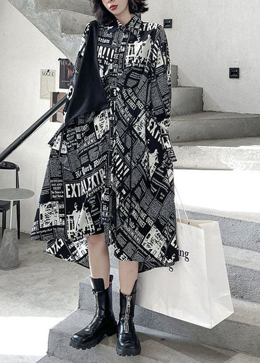 Black Low High Design Print Patchwork Satin Shirt Dress Spring