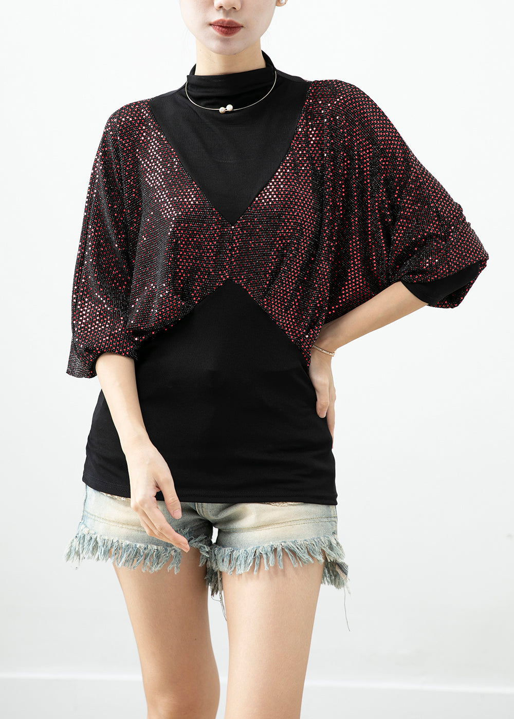 Red Zircon Patchwork Cotton Fake Two Piece Top Fall