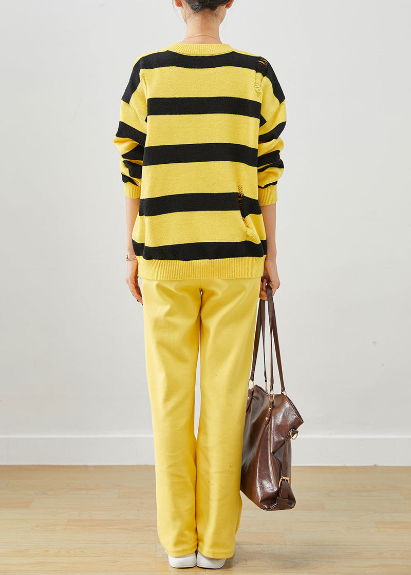 Yellow Oversized Striped Knit Ripped Two Pieces Set Fall