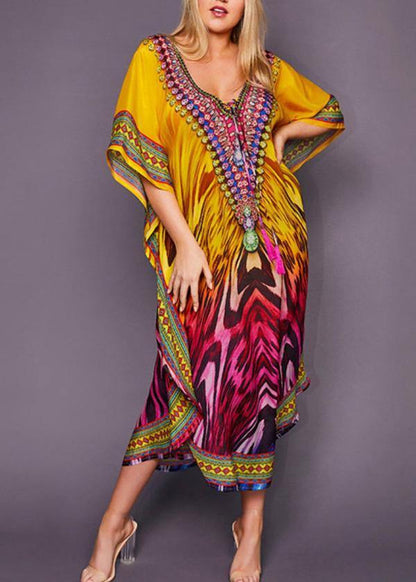 French Yellow Print Beach Gown Summer Dress