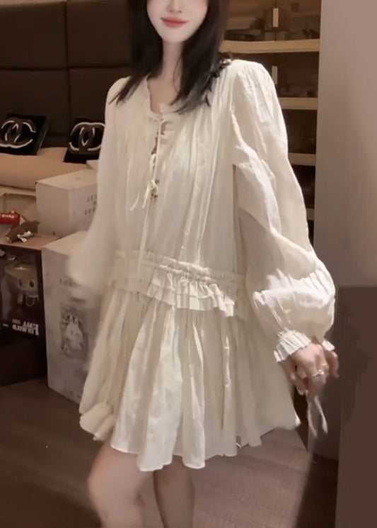 Stylish Apricot Ruffled Lace Up Chiffon Mini Dress Fall