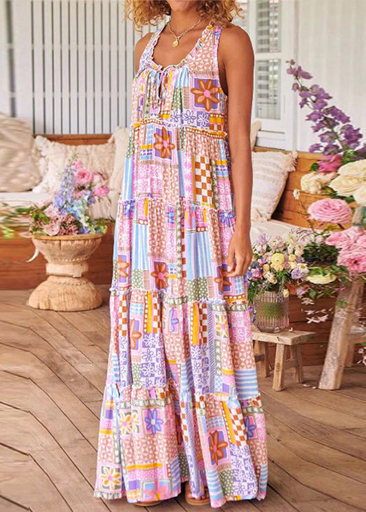 Pink Ruffled Print Cotton Long Dresses Sleeveless