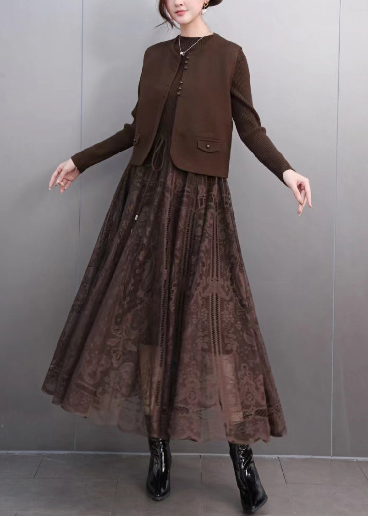 Coffee O-neck Waistcoat and Lace Maxi Skirts Two Pieces Set Spring