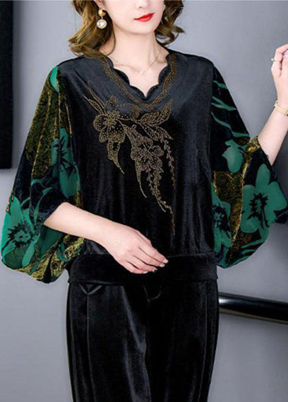 Modern Green V Neck Print Silk Velour Tops and Pants Two Pieces Set Batwing Sleeve