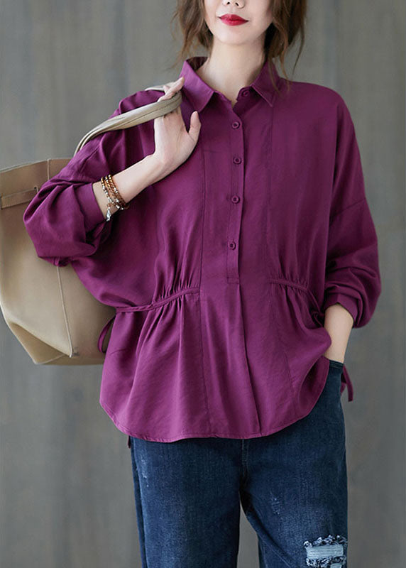 Purple Loose Button Tie Waist Fall Shirt Long Sleeve