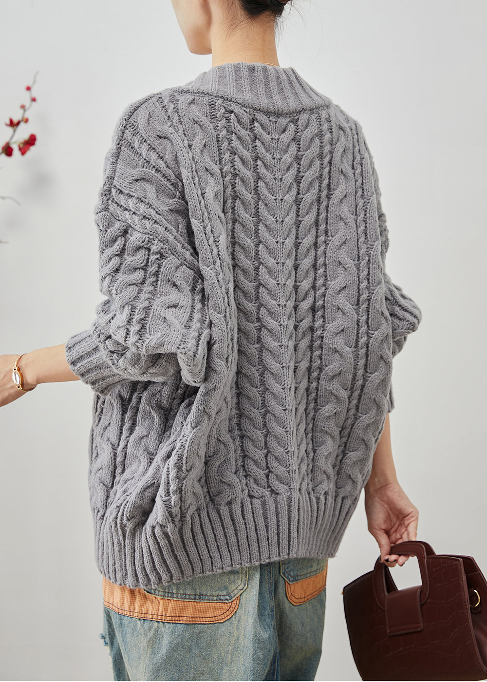 Grey Oversized Thick Cable Knit Sweater Tops Winter