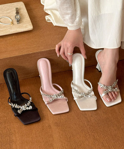 White Satin Zircon Splicing High Heel Slide Sandals Peep Toe