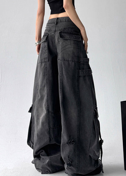 Black Original Design Pockets Denim Pants High Waist