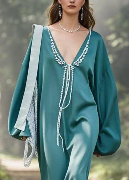Loose Blue V Neck Patchwork Dress Spring