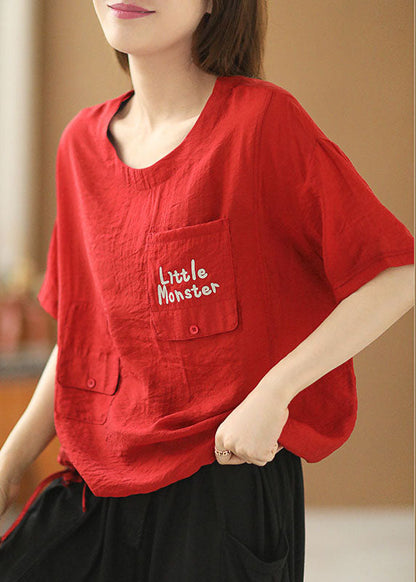 Unique Purple O-neck Drawstring Pocket Letter Print Cotton Top Short Sleeve