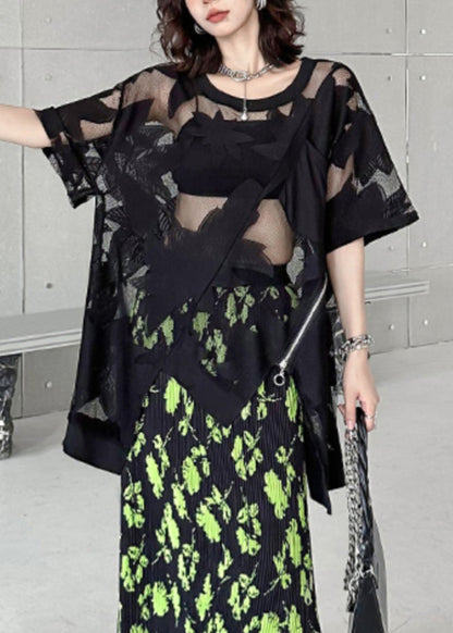 Black Asymmetrical Embroideried Patchwork Lace T Shirt Summer