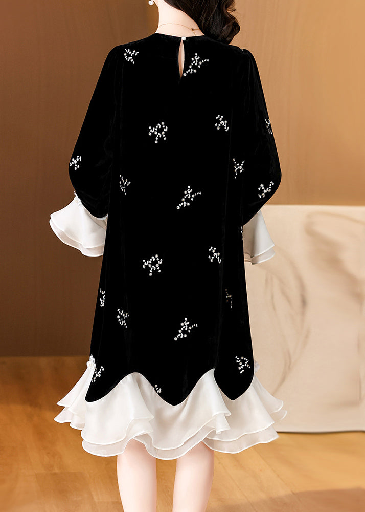 Loose Black Embroidered Patchwork Silk Velour Dress Flare Sleeve Spring