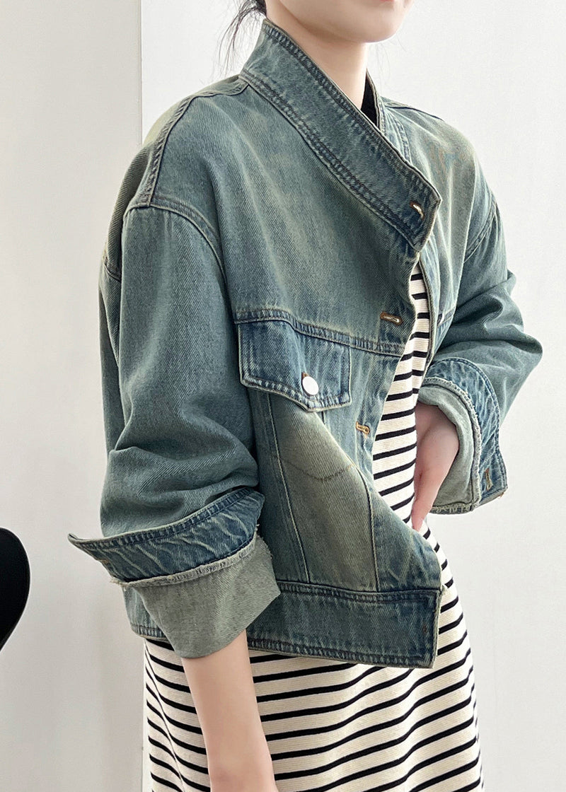 Blue Stand Collar Pockets Denim Short Coat Fall