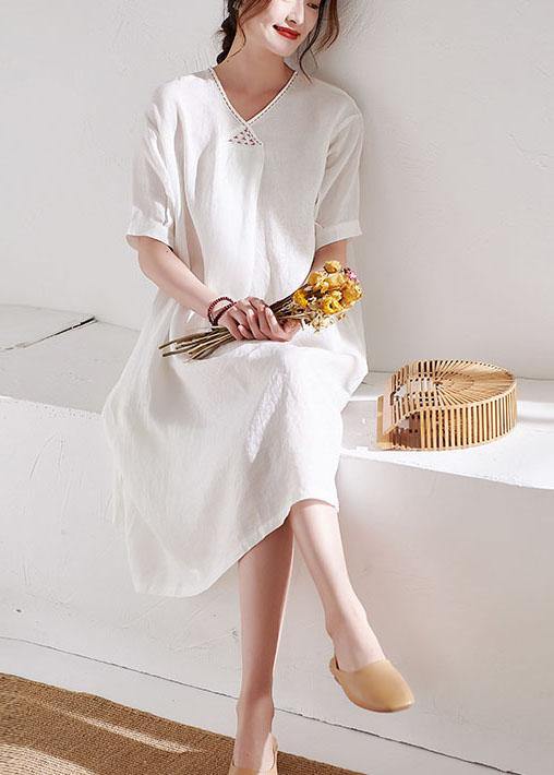 Diy White V Neck Lantern Sleeve Summer Linen Maxi Dress Half Sleeve