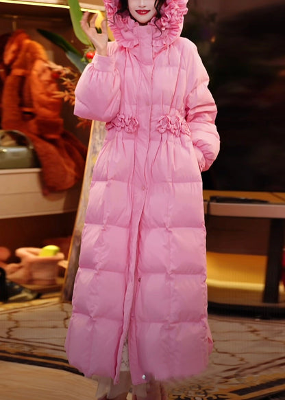 Pink Hooded Ruffled Side Open Duck Down Down Long Coats Winter