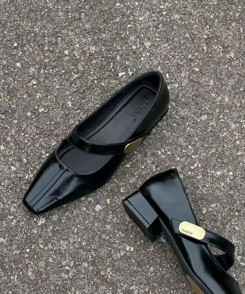 Black Buckle Strap Splicing Faux Leather Chunky Shoes