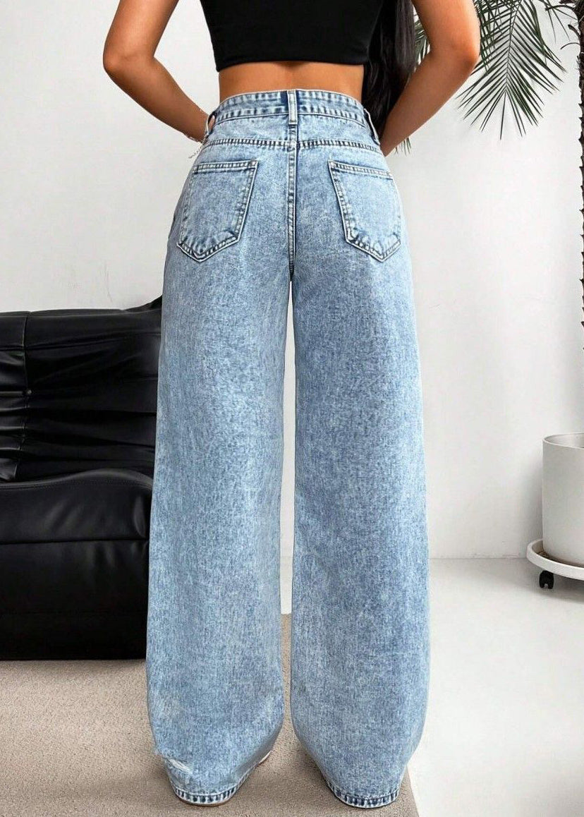 Blue Pockets Patchwork Ripped Wide Leg Jeans