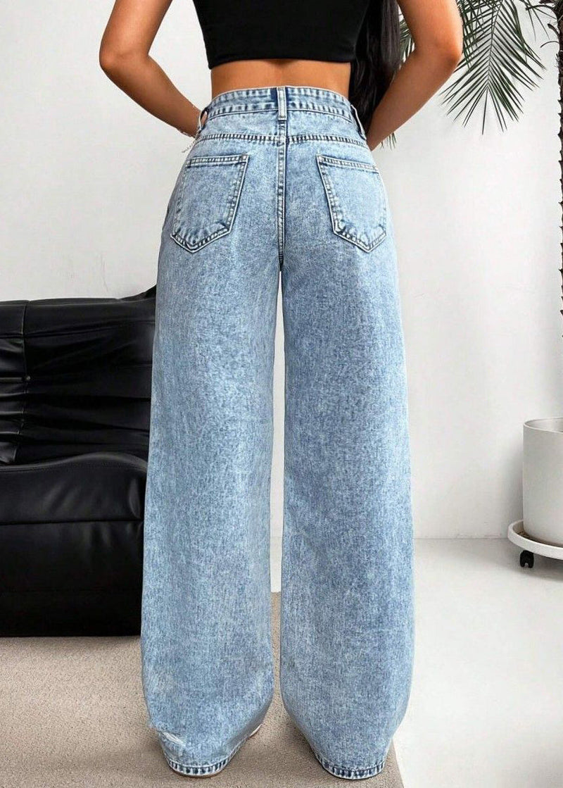 Blue Pockets Patchwork Ripped Wide Leg Jeans