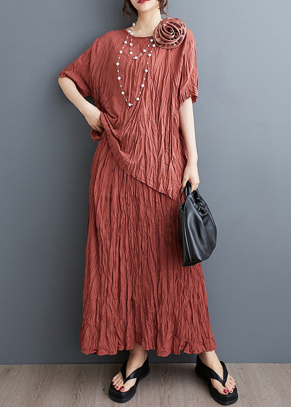 Art Brick Red Decorated Wrinkled Cotton 2 Piece Outfit Summer