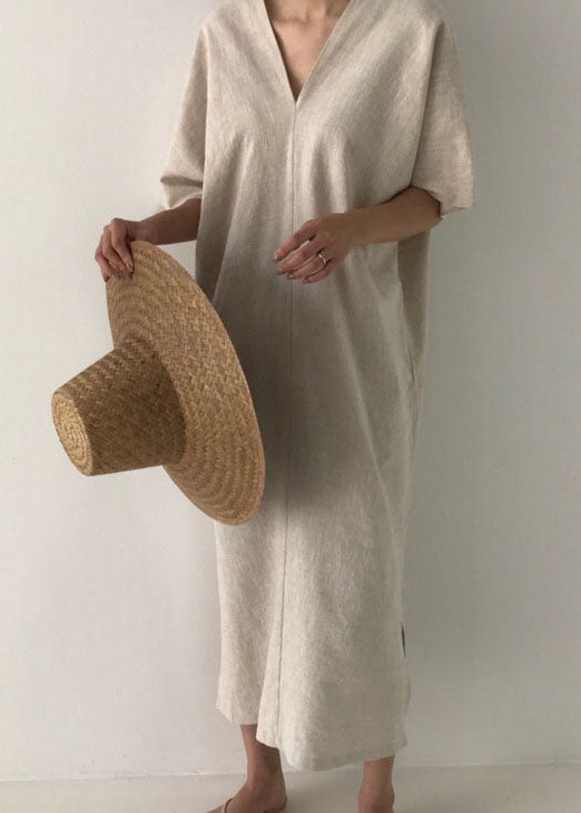 Apricot Side Open Linen Dress Short Sleeve