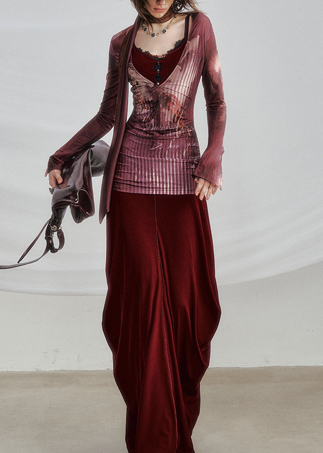 New Red Print Hollow Out Patchwork Cotton Fall Two-piece Set
