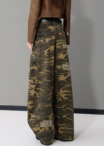 American Style Army Green Camouflage Pockets Denim Wide Leg Pants Fall