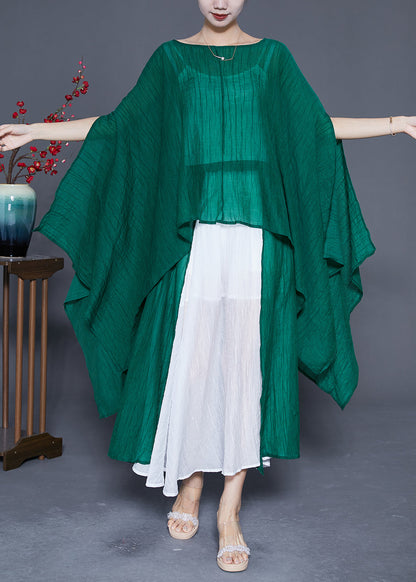 Blackish Green Oversized Asymmetrical Design Silk Two Pieces Set Summer