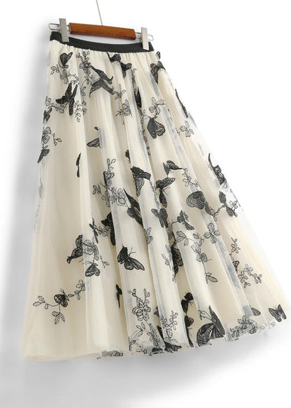 Apricot Butterfly Embroideried Elastic Waist Tulle a Line Skirts Spring