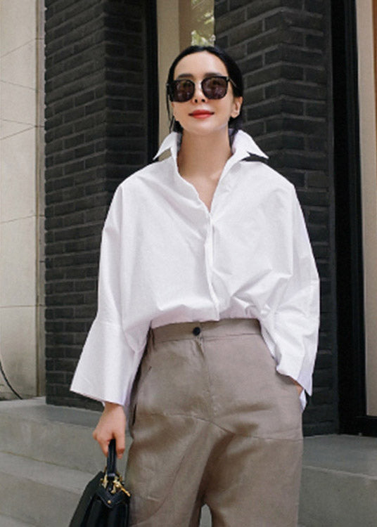 White Peter Pan Collar Button Cotton Shirts Batwing Sleeve