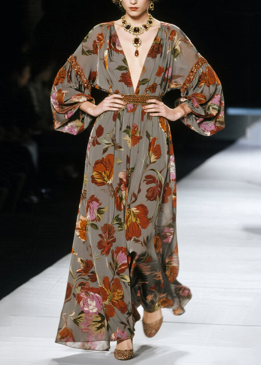 New V Neck Print Cotton Long Dress Fall