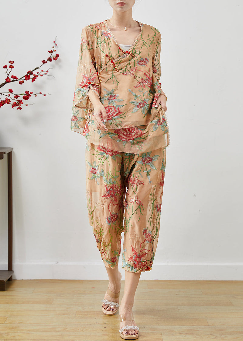 Khaki Embroidered Chinese Button Silk Two Pieces Set Summer
