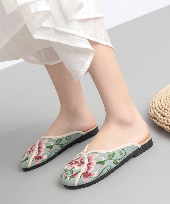 Green Linen Fabric Embroideried Comfy Slide Sandals
