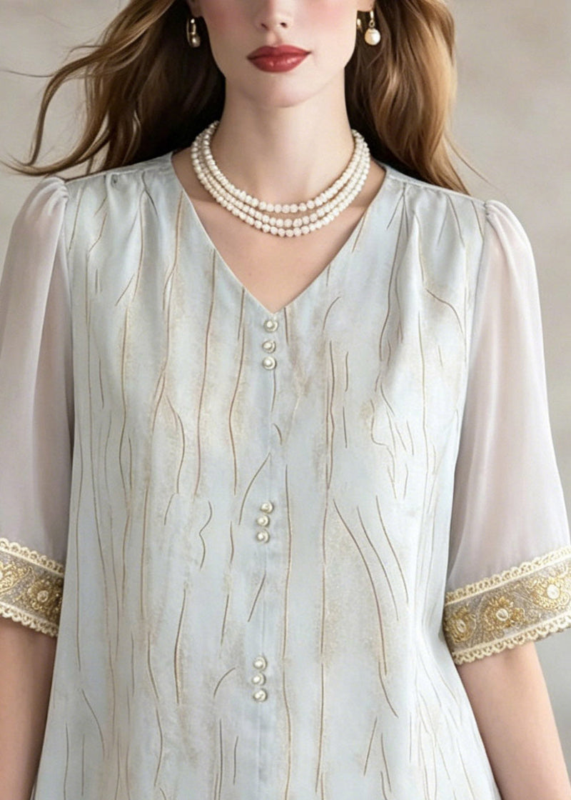 Blue V Neck Patchwork Shirt Summer