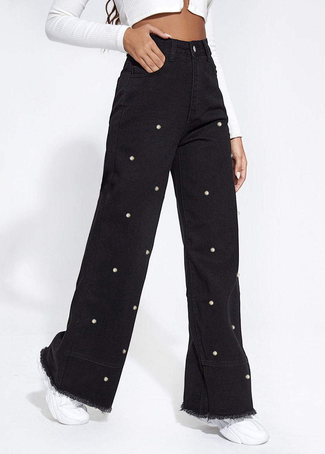 Black Pockets Pearl Straight Denim Pants Spring