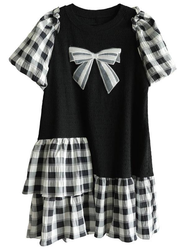 French Black Patchwork Plaid Summer Puff Sleeve Dresses