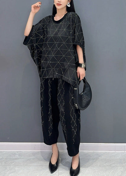 Boutique Black O-neck Plaid Zircon T Shirts and Harem Pants Two Piece Set Short Sleeve