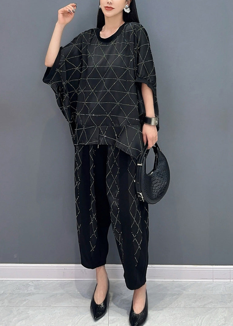 Boutique Black O-neck Plaid Zircon T Shirts and Harem Pants Two Piece Set Short Sleeve