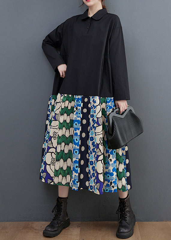 Black Patchwork Cotton a Line Dress Oversized Print Fall
