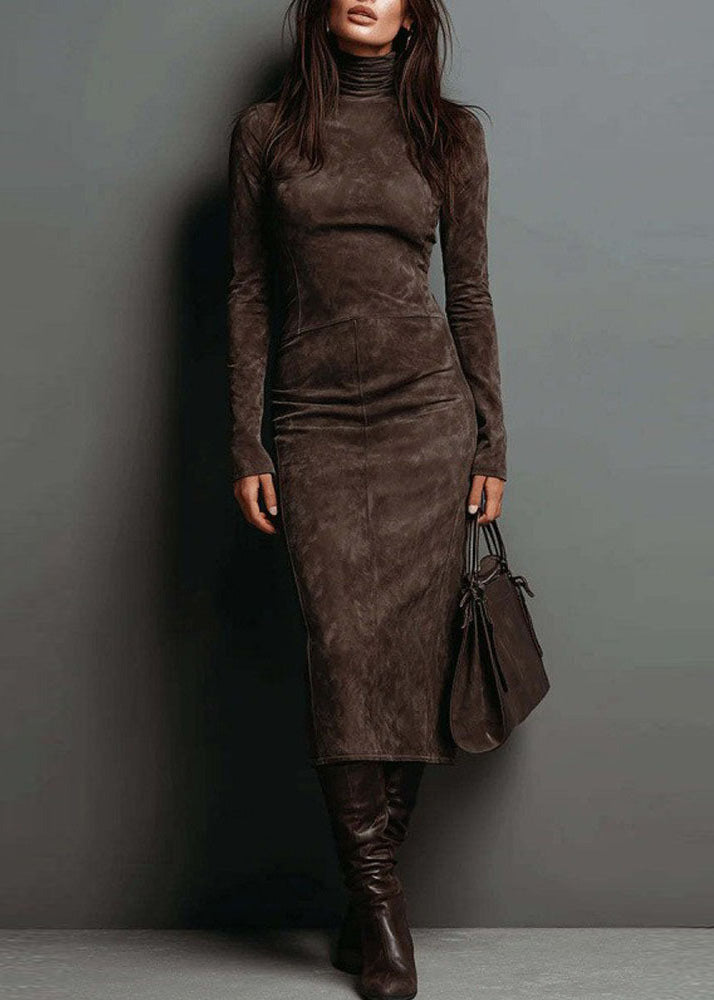 Khaki Hign Neck Slim Fit Faux Suede Dresses Spring