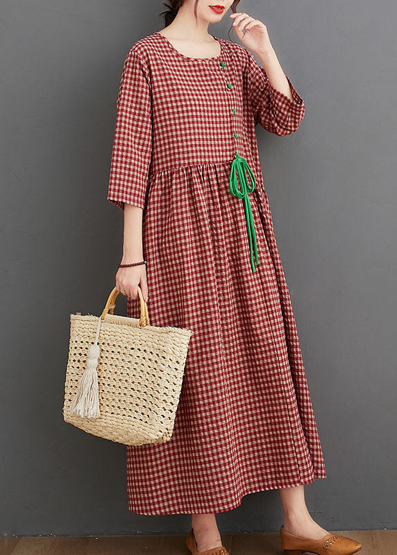 Red Oriental O-neck Plaid Linen Long Dresses Three Quarter Sleeve