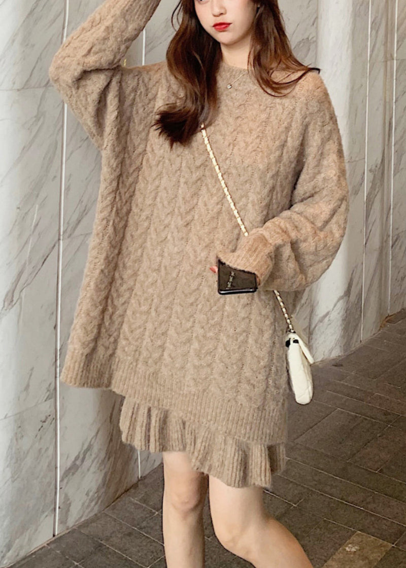 Dull Purple Thick Cable Knit Sweater and Skirt Two Pieces Set Spring