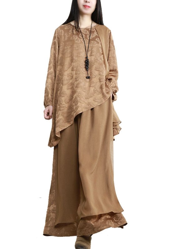 Chocolate Yellow Patchwork Silk Tops and Wide Leg Pants Two Piece Set Jacquard Spring