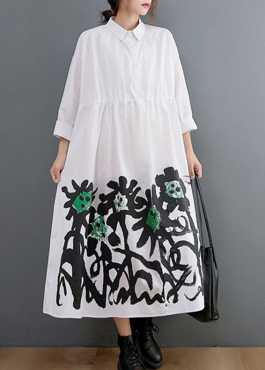 White Peter Pan Collar Button Pockets Shirt Dress Long Sleeve
