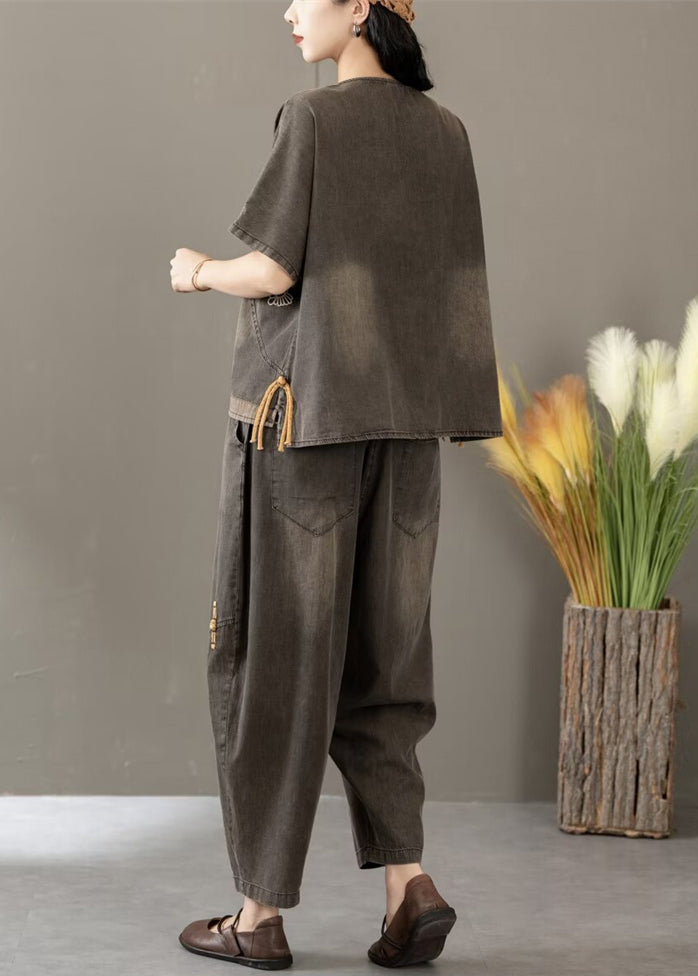 Black Embroidered Elastic Waist Denim Two Pieces Set Summer