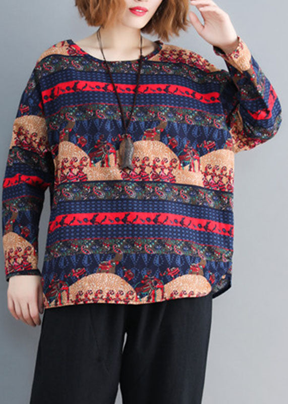 Navy Print Cotton Loose Tops O-neck Long Sleeve