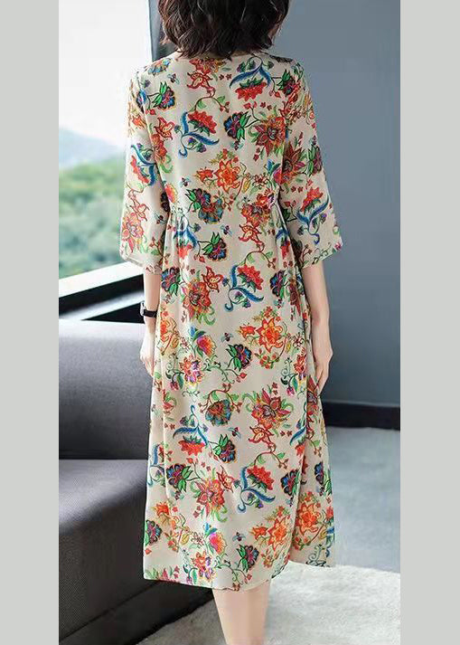 French O-neck Wrinkled Print Chiffon Dress Three Quarter Sleeve